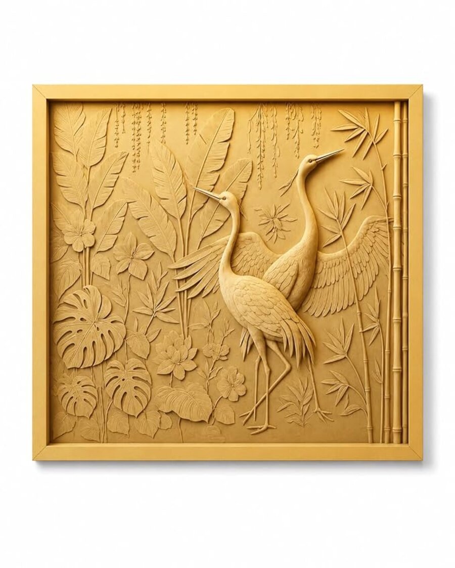 Deep 3D relief carving of cranes, part of the Khushi Crafts portfolio